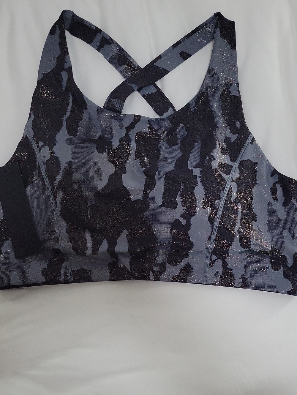 Mono B Sparkly Gray Camo Crisscross Sports Bra with Metallic Sheen